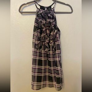 Bisou bisou black and purple plaid ruffle front tank blouse medium